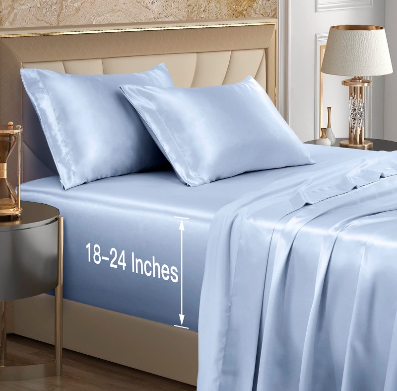 VACVELT 4pcs Extra Deep Pocket Queen Size Bedding Set  Baby Blue Luxury Satin Sheet Set Fit 18-24 Inch Deep Pocket Mattress  Soft & Ultra Deep Fitted Sheet Set - Image 1